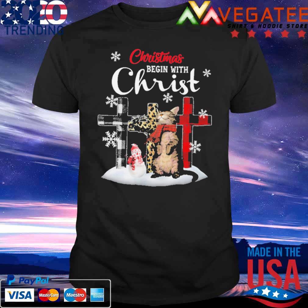 Christmas Begin With Christ Cat Jesus Merry Christmas Shirt